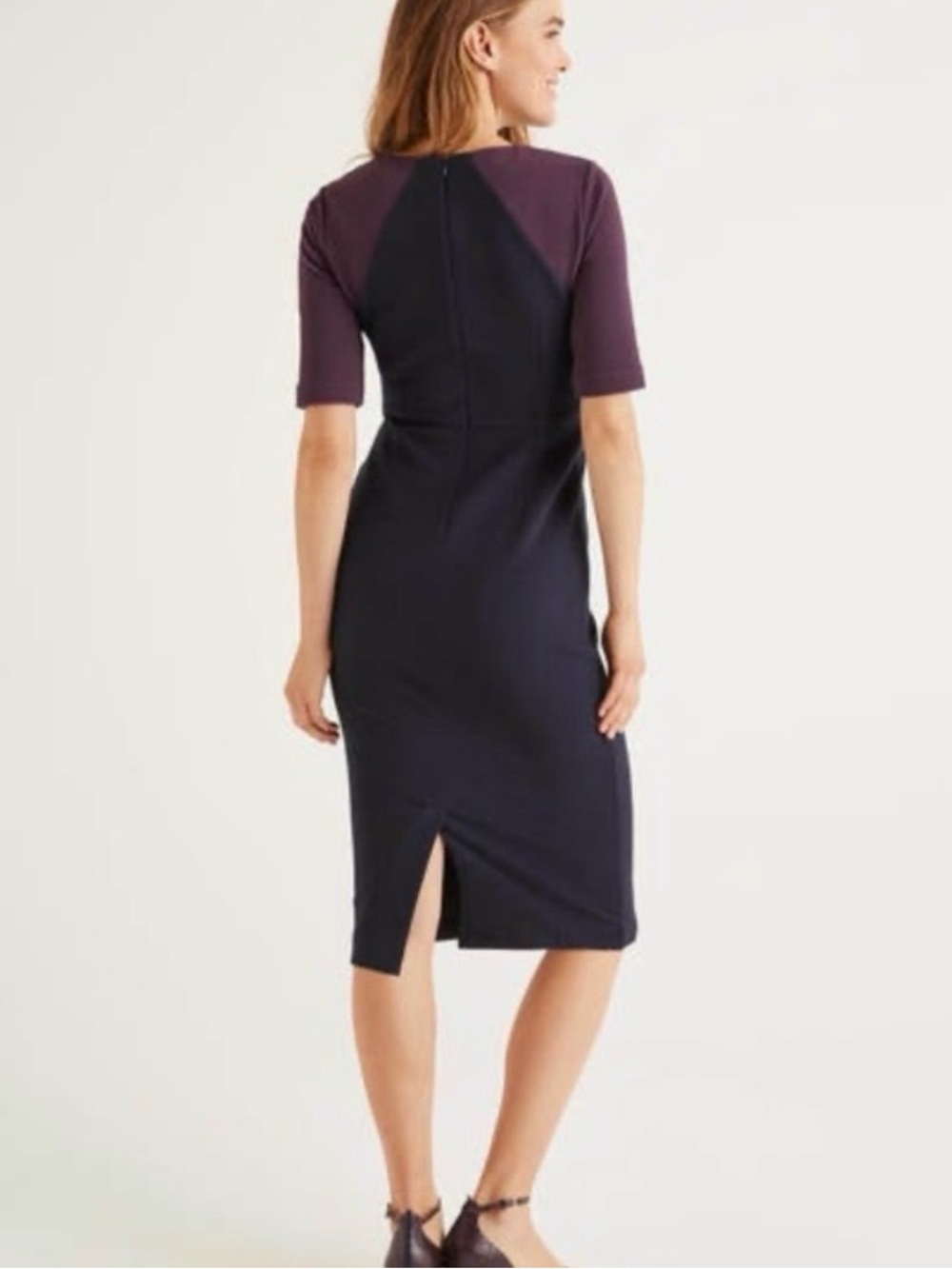 NWT Boden Poppy Ottoman Ponte Navy and Fig Colorblock Sheath Dress Size 8R - Picture 2 of 11